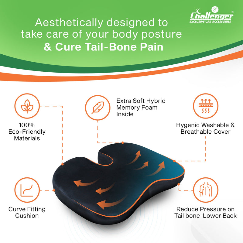 Challenger® 'Coccyx Seat Cushion' - Memory Foam Seat Cushion for Coccyx & Back Support