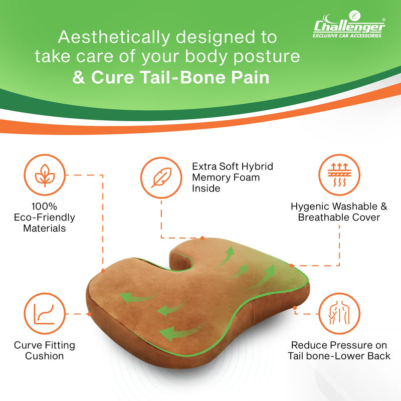 Challenger® 'Coccyx Seat Cushion' - Memory Foam Seat Cushion for Coccyx & Back Support